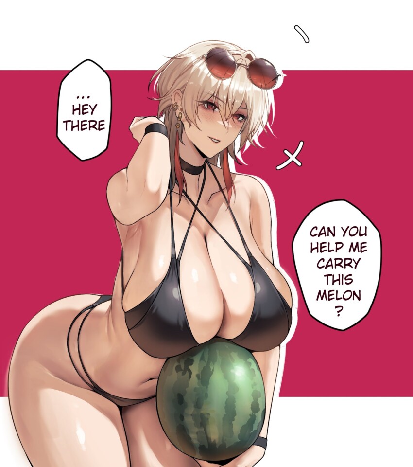 1girl, adjusting_hair, armpits, black_choker, blush, breasts, brown_hair, cero_rains, choker, cleavage, ear_piercing, english_text, eyebrows_hidden_by_hair, eyewear_on_head, food, fruit, hair_between_eyes, highres, holding, holding_food, holding_fruit, huge_breasts, leaning_forward, looking_at_viewer, medium_hair, navel, open_mouth, orange-tinted_eyewear, original, piercing, red_eyes, round_eyewear, silhouette, skindentation, smile, solo, speech_bubble, stomach, sunglasses, thick_thighs, thighs, tinted_eyewear, watermelon, yao_(cero_rains)