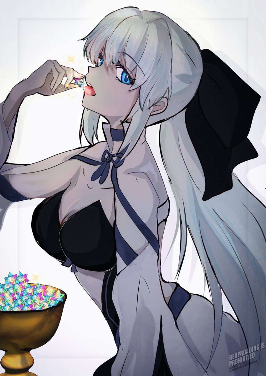 1girl, black_bow, blue_eyes, bow, coccorope, fate/grand_order, fate_(series), hair_between_eyes, highres, holding, long_hair, looking_at_viewer, morgan_le_fay_(fate), morgan_le_fay_(first_ascension)_(fate), open_mouth, ponytail, saint_quartz_(fate), saliva, simple_background, solo, tongue, tongue_out, white_hair