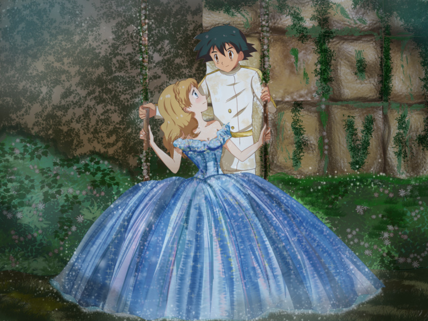 alternate_costume, ash_ketchum, gown, blonde_hair, blue_dress, blue_eyes, cinderella_(disney)_(cosplay), cinderella_(disney_character)