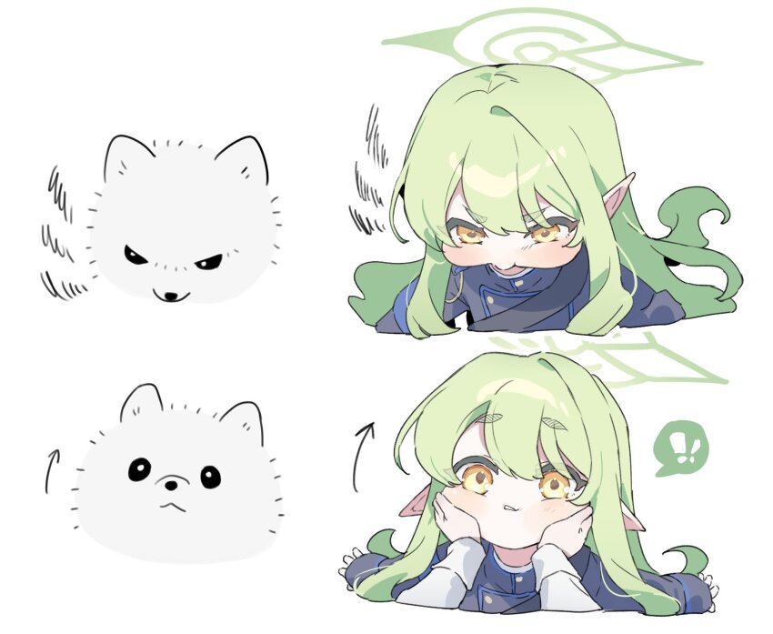 !, 1girl, 1other, angry, arrow_(symbol), black_jacket, blue_archive, commentary, dog, fluffy_white_puppy_expressions_(meme), frown, glaring, green_hair, green_halo, halo, hands_on_another's_cheeks, hands_on_another's_face, highres, hikari_(blue_archive), jacket, long_hair, long_sleeves, looking_at_viewer, meme, meunhongcha, pointy_ears, puffy_cheeks, simple_background, sleeves_past_wrists, spoken_exclamation_mark, squiggle, white_background, white_dog, yellow_eyes, yurie_mouth