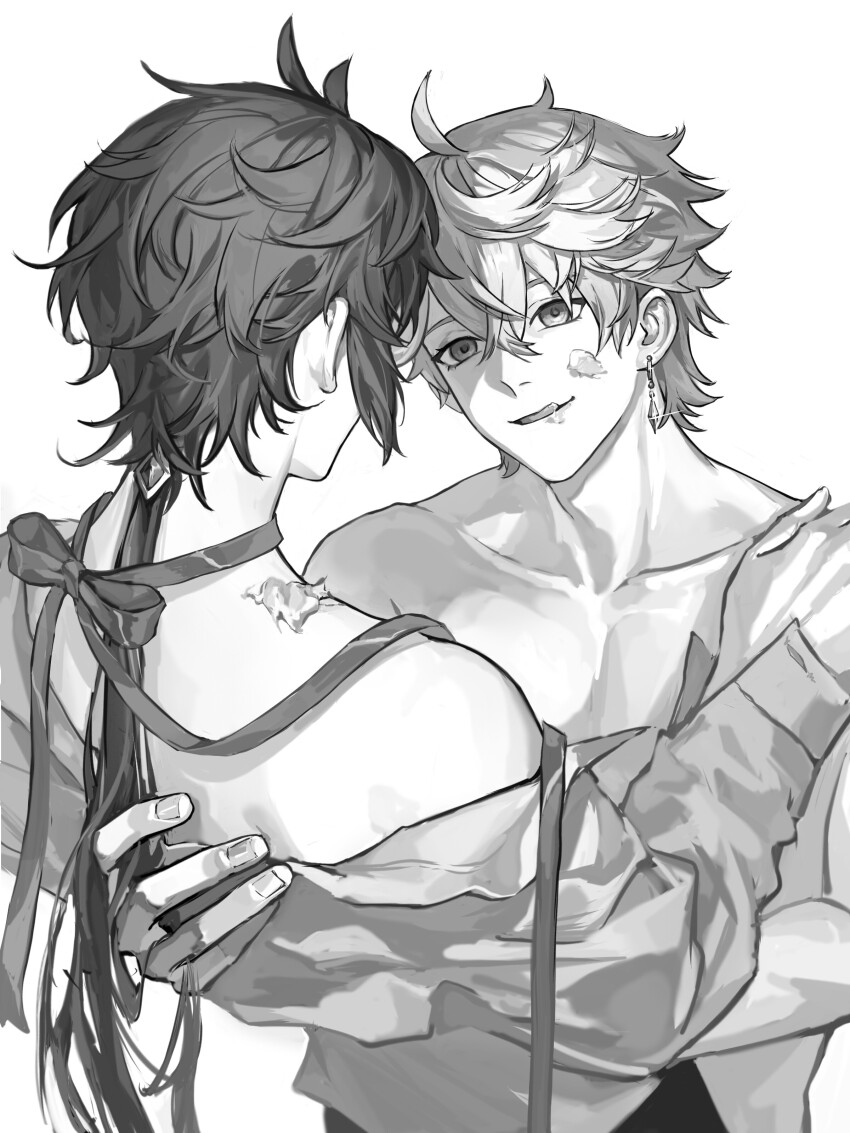 2boys, absurdres, bare_shoulders, genshin_impact, greyscale, highres, monochrome, multiple_boys, ribbon, tartaglia_(genshin_impact), tartali.club, white_background, yaoi, zhongli_(genshin_impact), zyzzzyy