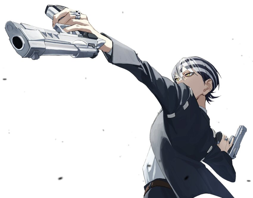 1boy, black_hair, black_jacket, black_pants, cowboy_shot, death_the_kid, dual_wielding, gun