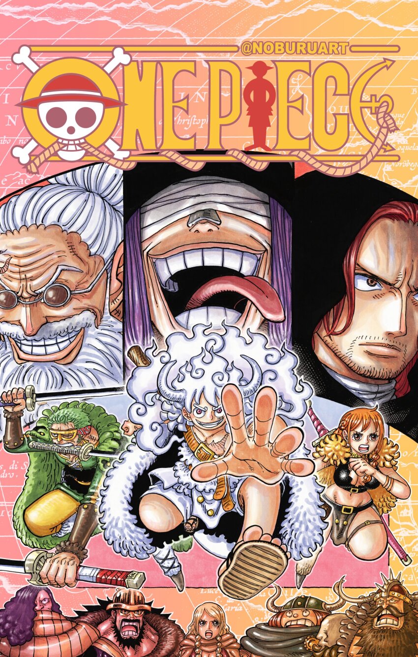 2girls, 6+boys, absurdres, artist_name, bandages, bandages_over_eyes, beard, beard_stubble, black_hair, breasts, commentary, copyright_name, cover, english_commentary, eyelashes, facial_hair, fake_cover, figarland_shamrock, gear_fifth, gerd_(one_piece), glasses, goldberg_(one_piece), gradient_background, green_hair, hajrudin, helmet, highres, katana, large_breasts, loki_(one_piece), long_hair, looking_at_viewer, monkey_d._luffy, multiple_boys, multiple_girls, nami_(one_piece), nami_(one_piece)_(elbaf), noburuart, oda_eiichirou_(style), one_piece, open_mouth, orange_eyes, orange_hair, pink_eyes, purple_hair, red_hair, road_(one_piece), roronoa_zoro, scar, scar_on_chest, scopper_gaban, short_hair, stansen_(one_piece), stubble, sword, tongue, tongue_out, twitter_username, weapon, white_hair