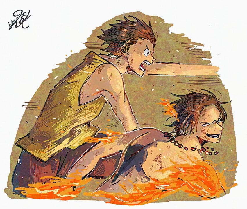 2boys, back_tattoo, black_hair, brothers, commentary_request, fire, freckles, jewelry