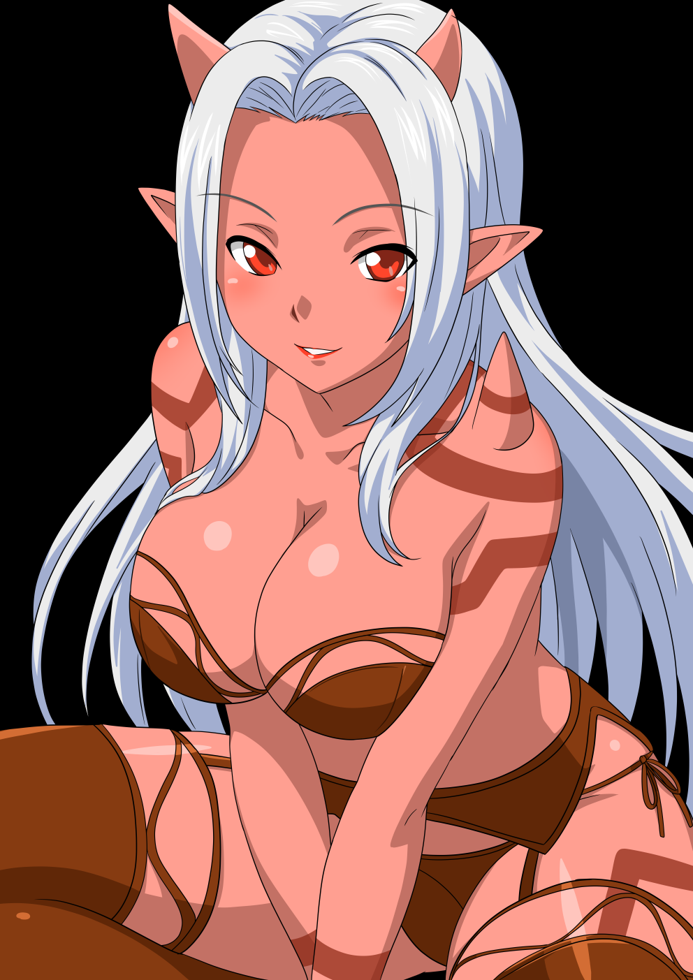 1girl, alternate_form, anime_coloring, black_background, body_markings, bra, breasts, brown_bra, brown_garter_straps, brown_panties, brown_thighhighs, cleavage, collarbone, colored_skin, commentary_request, dragon_quest, dragon_quest_x, feet_out_of_frame, heroine_(dq10), highres, horns, large_breasts, long_hair, looking_at_viewer, ogre_(dq10), panties, parted_bangs, parted_hair, pointy_ears, red_eyes, red_horns, red_lips, red_skin, shoulder_spikes, side-tie_panties, smile, spikes, strapless, strapless_bra, thighhighs, underwear, white_hair, yuuyuu_(3jjbn)