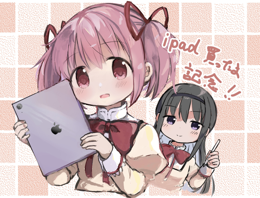 2girls, akemi_homura, apple_inc., apple_pencil, black_hair, black_hairband, bow, bowtie