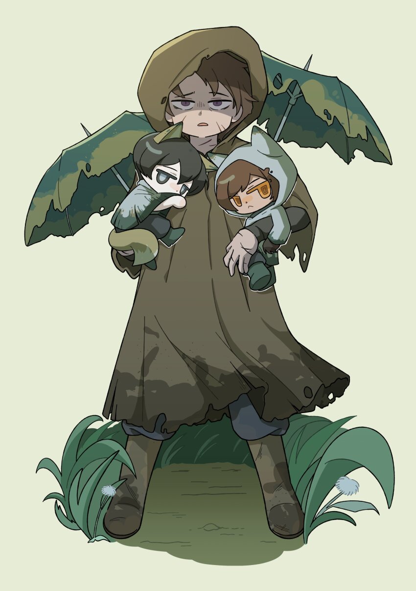 1girl, 2boys, :<, absurdres, animal_ears, boots, brown_boots, brown_hair