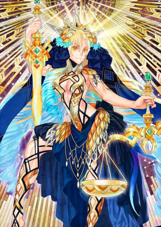 1girl, arm_up, armor, armored_leotard, astraea_(fate), astraea_(third_ascension)_(fate), azuma_toh, balance_scale