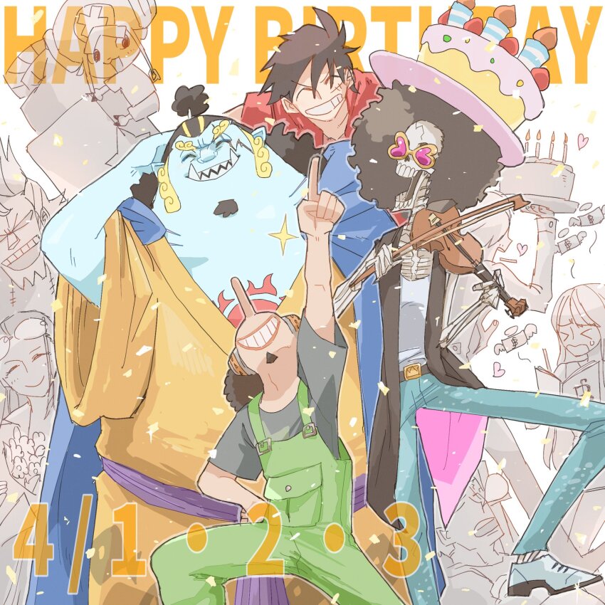 >_<, 2girls, 6+boys, ^_^, afro, banknote, birthday_cake_hat, blue_skin, bouquet, brook_(one_piece), closed_eyes, colored_skin, commentary_request, confetti, facial_hair, flower, franky_(one_piece), goatee, green_overalls, half_updo, hand_on_own_hip, happy_birthday, highres, holding, holding_instrument, instrument, japanese_clothes, jinbe_(one_piece), kimono, long_nose, mkk0025, money, monkey_d._luffy, multiple_boys, multiple_girls, nami_(one_piece), nico_robin, one_piece, orange_kimono, overalls, purple_sash, red_shirt, roronoa_zoro, sanji_(one_piece), sash, shirt, skeleton, sleeping, straw_hat_pirates, tony_tony_chopper, usopp