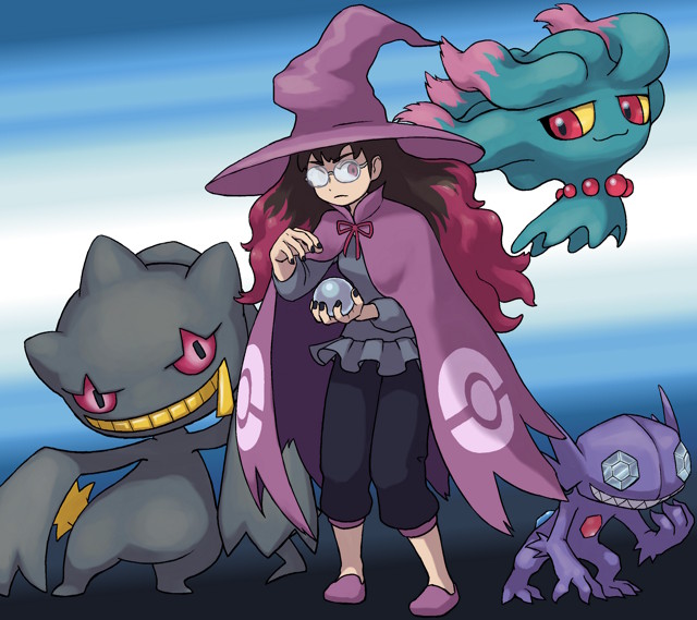 1girl, :3, banette, black_hair, black_pants, brown_hair, cape, closed_mouth, colored_sclera, commentary_request, full_body, gem_eyes, gen_2_pokemon, gen_3_pokemon, glasses, grey_shirt, grin, hat, hex_maniac_(pokemon), hex_maniac_(pokemon_rse), long_hair, long_sleeves, mijinko_(barabadge), misdreavus, multicolored_hair, nintendo, official_style, pants, poke_ball_print, pokemon, pokemon_(creature), pokemon_omega_ruby_and_alpha_sapphire, pokemon_ruby/sapphire/emerald, purple_cape, purple_eyes, purple_hat, purple_shoes, red_eyes, red_hair, sableye, sharp_teeth, shirt, shoes, smile, standing, teeth, two-tone_hair, witch_hat, yellow_sclera