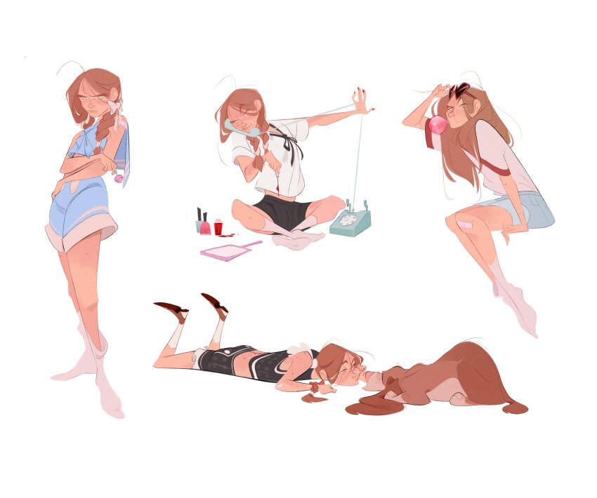 1girl, absurdres, arealtrashact, bandaid, bandaid_on_knee, bandaid_on_leg, black_shorts, blue_shorts, braid, brown_hair, brown_shoes, candy, chewing_gum, commentary, corded_phone, cosmetics, crop_top, dog, dolores_haze, english_commentary, eyewear_on_head, food, full_body, hand_mirror, heart, heart-shaped_eyewear, highres, holding, holding_candy, holding_food, holding_lollipop, indian_style, lolita_(1997), lolita_(nabokov), lollipop, lying, mirror, multiple_views, nail_polish_bottle, nail_polish_brush, official_alternate_costume, on_stomach, phone, red_nails, shirt, shoes, shorts, sitting, sleeveless, sleeveless_shirt, socks, sunglasses, twin_braids, white_background, white_socks