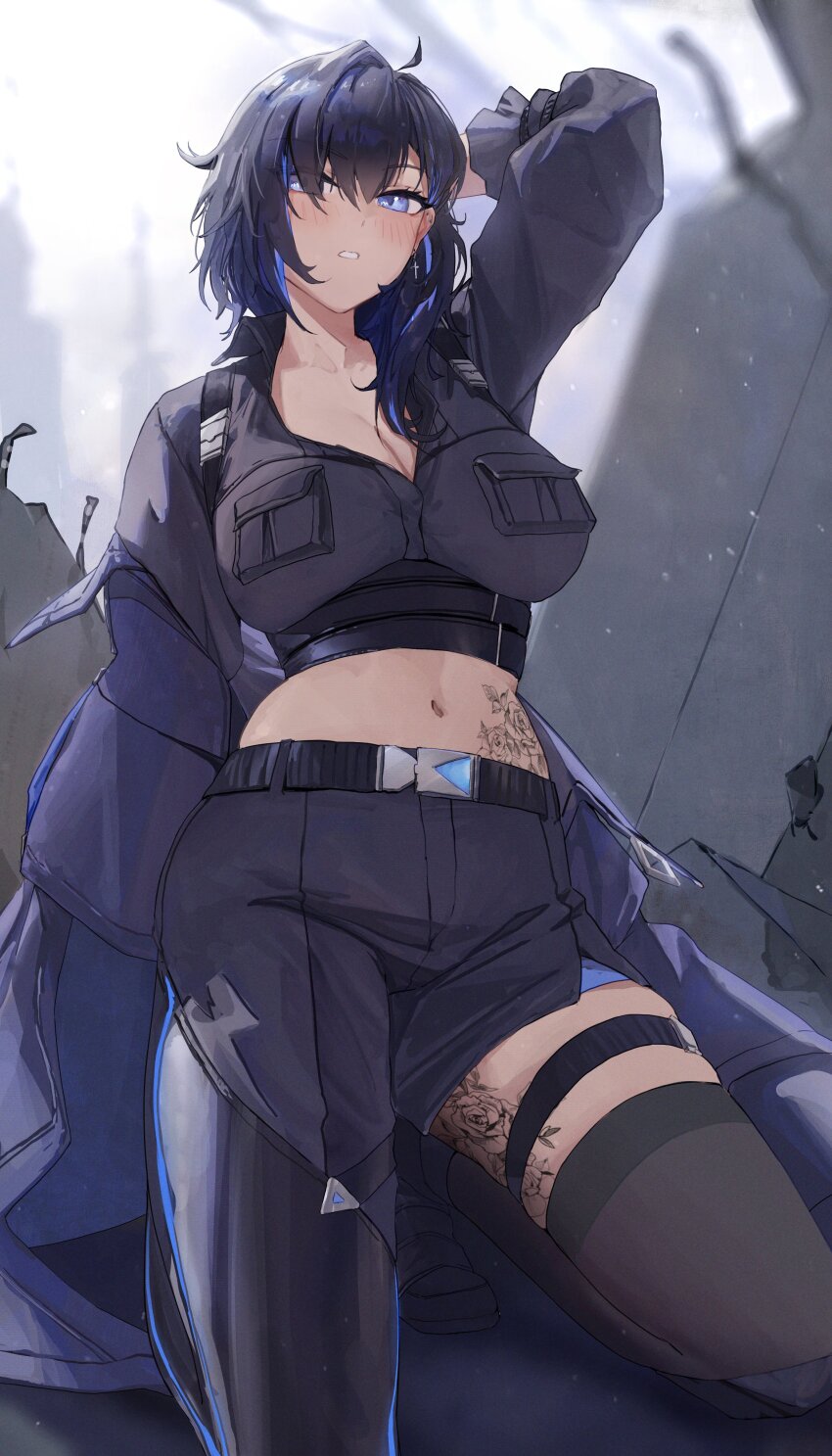 1girl, absurdres, ahoge, arm_behind_head, arm_up, asymmetrical_bangs, asymmetrical_clothes, asymmetrical_pants, ayase_yuu, ayase_yuu_(1st_costume), belt, black_coat, black_hair, black_pants, black_shoes, blue_eyes, blue_hair, blush, breast_pocket, breasts, chest_harness, cleavage, coat, coat_partially_removed, commentary, commission, cropped_shirt, cross, cross_earrings, debris, earrings, flower_tattoo, harness, highres, jewelry, kneeling, large_breasts, leg_tattoo, looking_at_viewer, medium_hair, messy_hair, midriff, multicolored_hair, navel, open_clothes, open_coat, pants, parted_lips, partially_unbuttoned, phase_connect, phase_connect_jp, pocket, second-party_source, shoes, single_hair_intake, single_pantsleg, single_thighhigh, solo, stomach_tattoo, streaked_hair, tattoo, thigh_strap, thighhighs, three-quarter_sleeves, virtual_youtuber, yoellim5