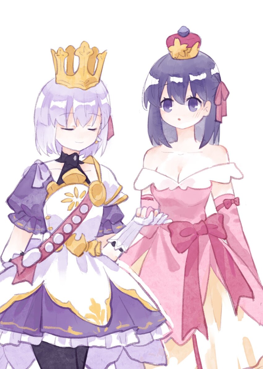 2girls, bare_shoulders, blush, bow, breasts, cleavage, closed_eyes, collarbone