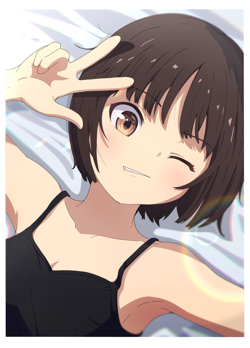 1girl, absurdres, amagami, armpits, bare_shoulders, bed_sheet, black_camisole, blush, border, breasts, brown_eyes, brown_hair, camisole, cleavage, close-up, collarbone, commentary, dutch_angle, from_above, grin, hand_up, highres, kagari_ds, light_blush, looking_at_viewer, loose_hair_strand, lying, messy_hair, on_back, on_bed, one_eye_closed, rainbow_refraction, ringed_eyes, short_hair, small_breasts, smile, smirk, solo, tachibana_miya, w, w_over_eye, white_border