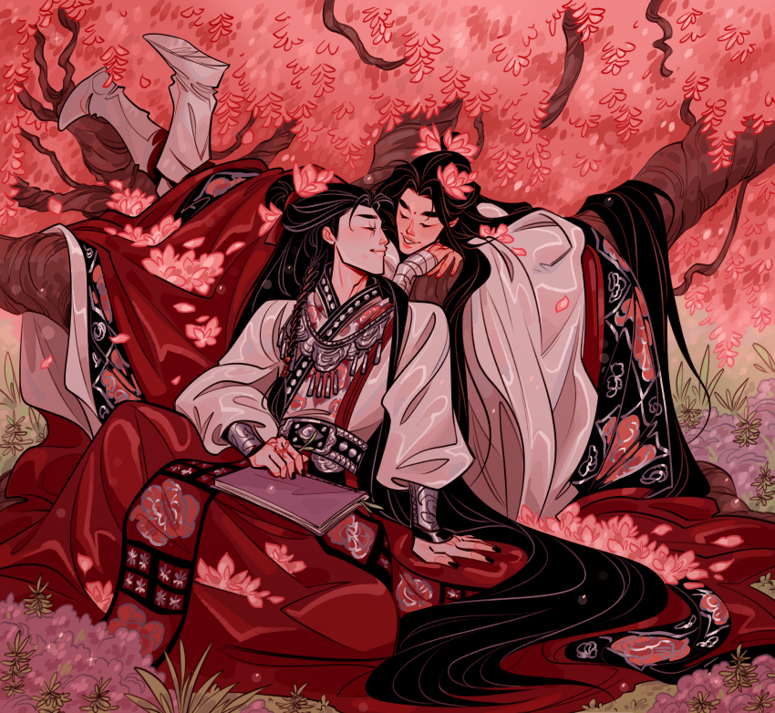 2boys, absurdly_long_hair, absurdres, arm_wrap, black_hair, black_nails, black_trim, bracer