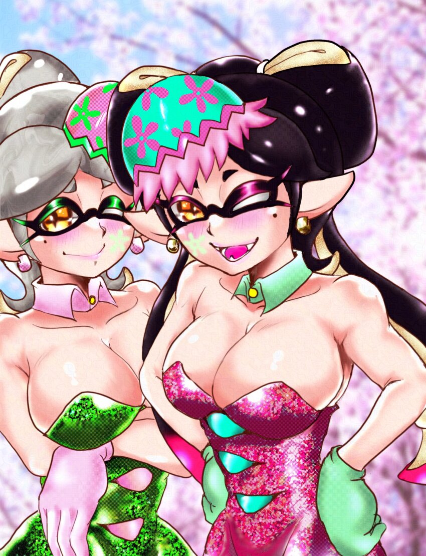 2girls, alternate_costume, blush, breasts, callie_(splatoon), callie_(springfest)_(splatoon), cleavage, closed_mouth