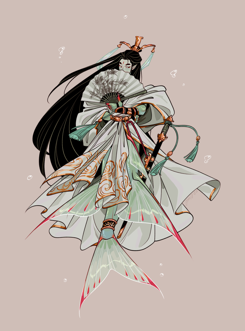 1boy, absurdres, air_bubble, alternate_species, bamboo_print, black_hair, bracer, brown_background, bubble, chinese_clothes, chinese_hairpin, colored_skin, commentary, eyeliner, facial_mark, fins, fmd, folding_fan, forehead_mark, full_body, gold_trim, green_hanfu, green_robe, green_skin, green_theme, hair_bun, hand_fan, hanfu, hashtag-only_commentary, highres, holding, holding_fan, huadian, jewelry, long_hair, long_sleeves, looking_at_viewer, makeup, male_focus, mermaid, merman, monster_boy, monster_girl, red_eyeliner, renzha_fanpai_zijiu_xitong, ribboned_xiao_guan, robe, shen_qingqiu, simple_background, solo, sword, sword_tassel, tail, tail_ornament, tassel, very_long_hair, weapon, weapon_tassel, wide_sleeves, xiao_guan_(headdress), zuiyin