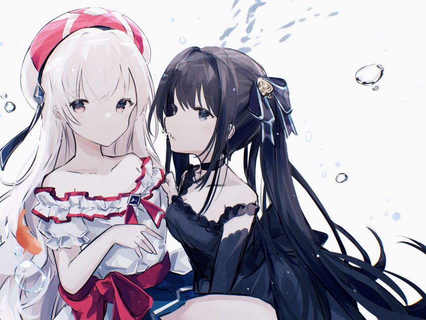2girls, air_bubble, arcaea, bare_shoulders, black_dress, black_gloves, black_hair, black_ribbon, black_skirt, blue_gem, bow, breasts, bubble, closed_mouth, collarbone, commentary, dress, elbow_gloves, fish, frilled_shirt, frilled_sleeves, frills, gem, gloves, goldfish, grey_eyes, hair_ribbon, hat, highres, hikari_(arcaea), hikari_(summer)_(arcaea), light_blush, long_hair, looking_at_another, looking_at_viewer, medium_breasts, miyu_(miy_u1308), multiple_girls, off-shoulder_shirt, off_shoulder, open_mouth, pink_eyes, pleated_skirt, red_hat, ribbon, shirt, short_sleeves, skirt, sleeveless, sleeveless_dress, tairitsu_(arcaea), tairitsu_(summer)_(arcaea), very_long_hair, waist_bow, white_background, white_hair, white_shirt
