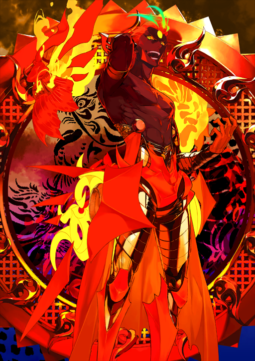 1boy, :d, arm_up, armlet, armor, ashwatthama_(fate), ashwatthama_(third_ascension)_(fate), bracer