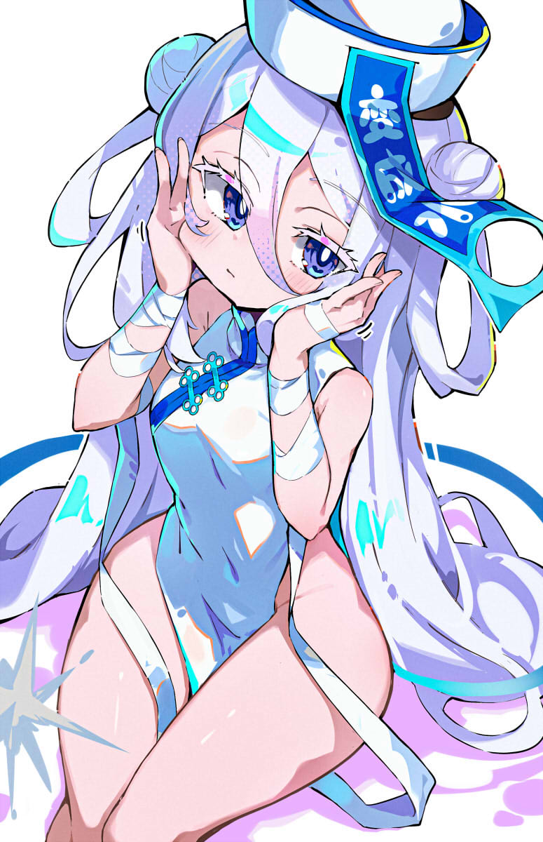 1girl, blue_eyes, bomber_girl_(1993_manga), china_dress, chinese_clothes, closed_mouth, double_bun, dress