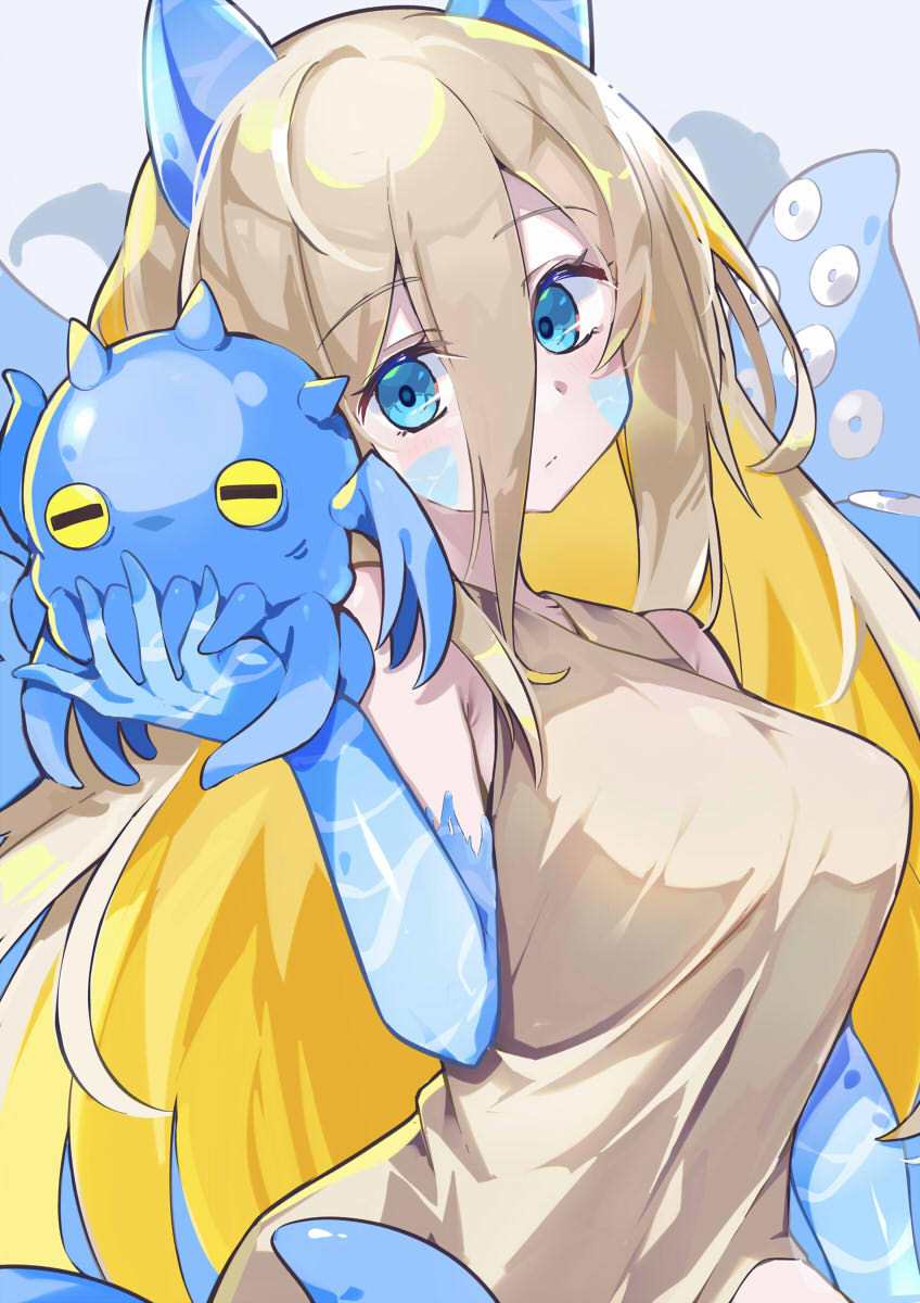1girl, aqua_eyes, blonde_hair, breasts, brown_shirt, creature, hair_between_eyes, hasta_(monster_farm)