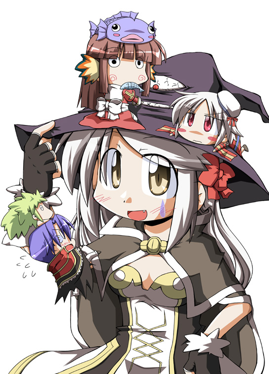 1boy, 4girls, :d, back_bow, beret, black_dress, black_eyes, black_gloves