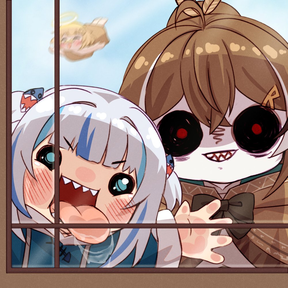 3girls, against_glass, ahoge, angel_wings, animal_costume, animal_hood, blonde_hair, blue_eyes