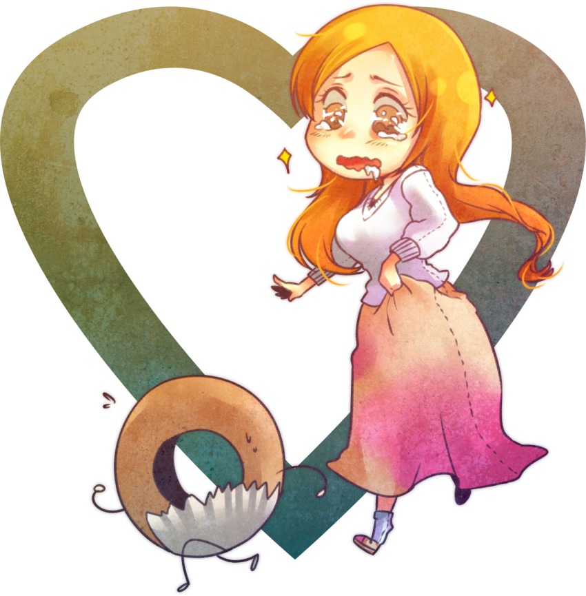 bleach, breasts, brown_eyes, chasing, donut, drooling, food, heart, highres, inoue_orihime, large_breasts, orange_hair, pixiv_sample, resized, yougirasu