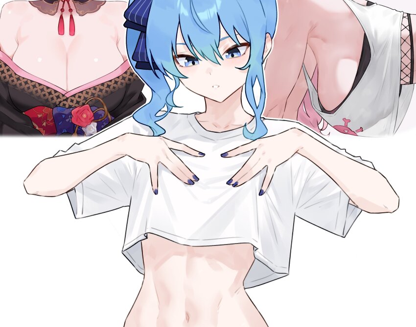 2girls, alternate_costume, armpit_crease, armpits, blue_eyes, blue_hair, bluefield, breast_envy, breasts, cleavage, commentary, flat_chest, hands_on_own_chest, highres, hololive, hololive_english, hoshimachi_suisei, large_breasts, looking_down, mori_calliope, mori_calliope_(new_year), mori_calliope_(streetwear), multiple_girls, navel, official_alternate_costume, parted_lips, shirt, virtual_youtuber, white_shirt