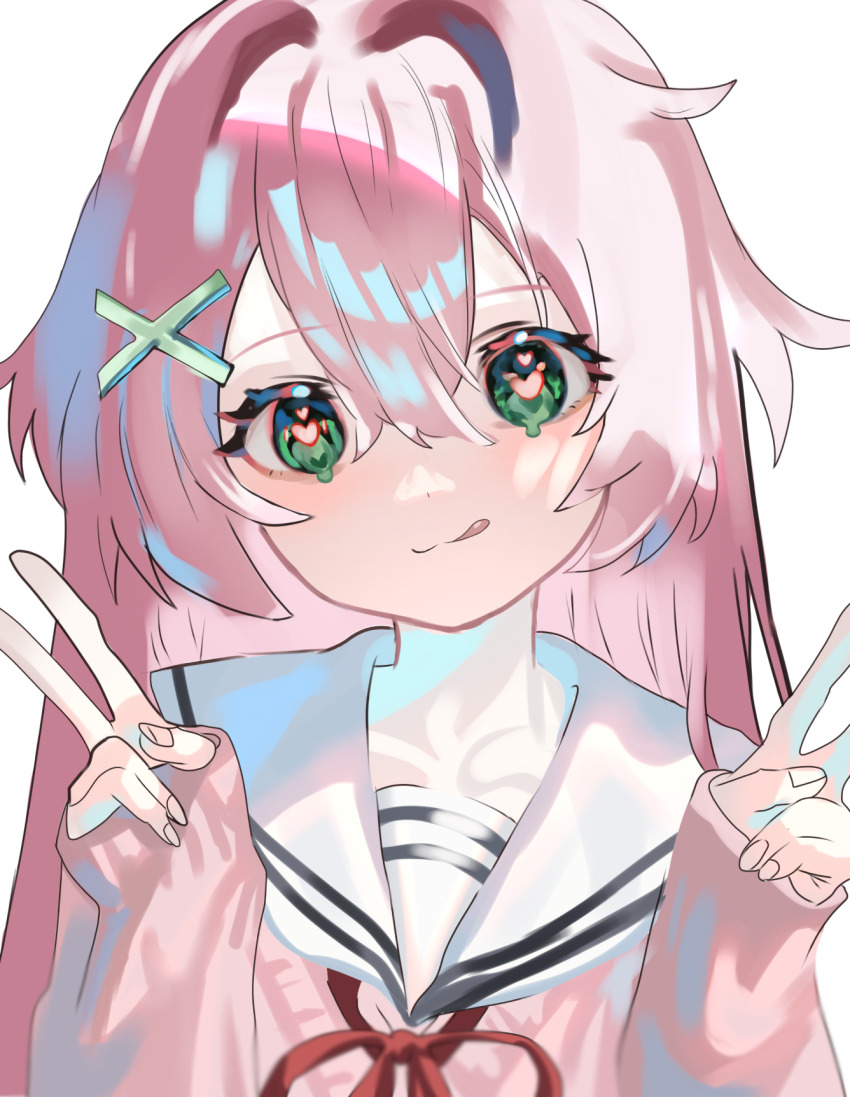 1girl, :q, closed_mouth, double_v, green_eyes, hair_between_eyes, hair_ornament, heart, heart-shaped_pupils, highres, long_hair, looking_at_viewer, neck_ribbon, non-web_source, original, pink_hair, pink_sweater, ribbon, sailor_collar, school_uniform, serafuku, simple_background, sleeves_past_wrists, smile, solo, sweater, symbol-shaped_pupils, tongue, tongue_out, v, white_background, white_serafuku, x_hair_ornament, yura856