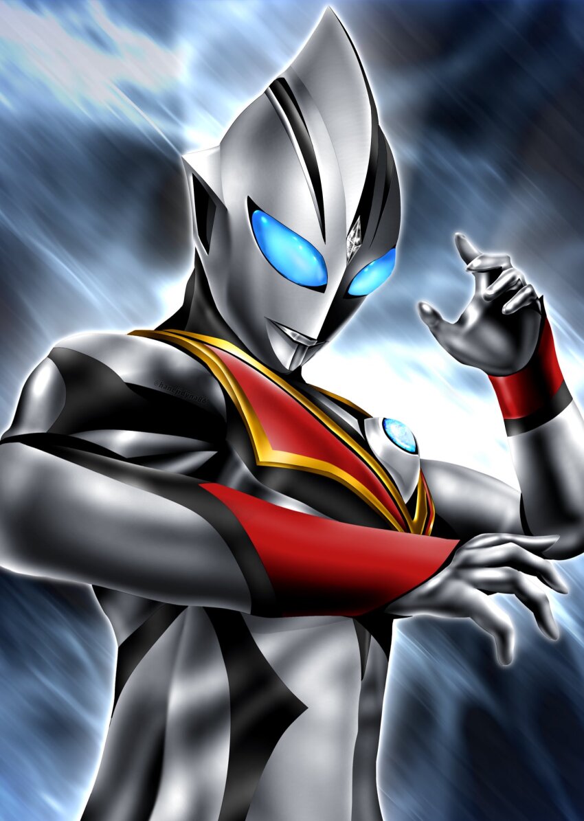 1boy, alien, arm_guards, armor, black_background, black_skin, blue_background, blue_eyes