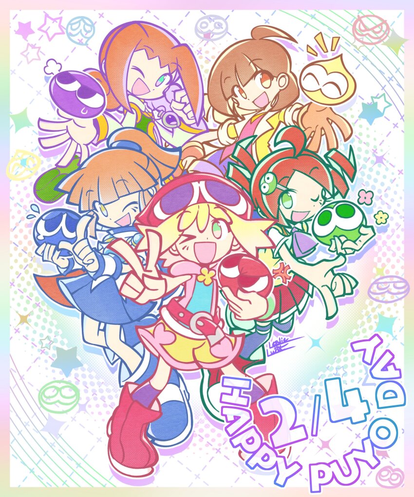 5girls, :d, ;d, absurdres, ahoge, ally_(puyopuyo), amitie_(puyopuyo), andou_ringo