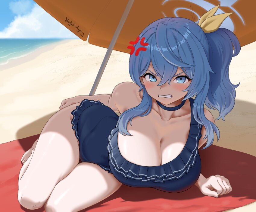 1girl, ako_(blue_archive), artist_name, barefoot, beach_towel, beach_umbrella, blue_archive, blue_choker