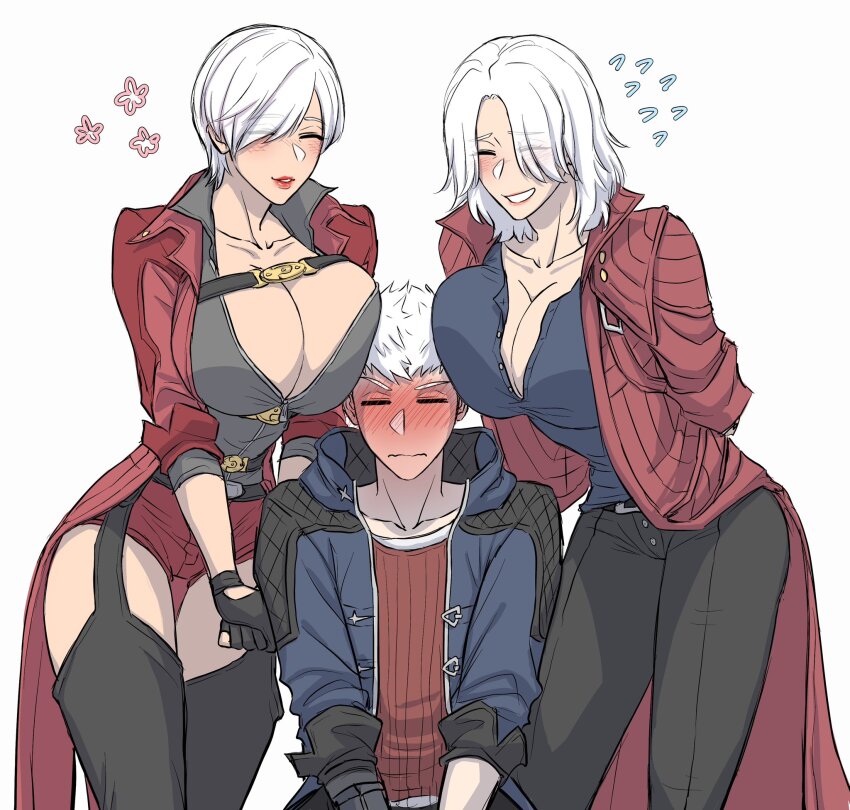 1boy, 2girls, blush, breasts, closed_eyes, coat, dante_(devil_may_cry), devil_may_cry_(series), devil_may_cry_5, dual_persona, fingerless_gloves, genderswap, genderswap_(mtf), gloves, highres, large_breasts, multiple_girls, nero_(devil_may_cry), pichuuuchan, red_coat, short_hair, smile, thighhighs, uncle_and_nephew, white_hair