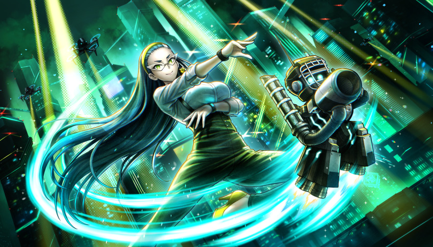 1girl, blue_hair, breasts, glasses, green_eyes, hairband, high-waist_pants, high_heels