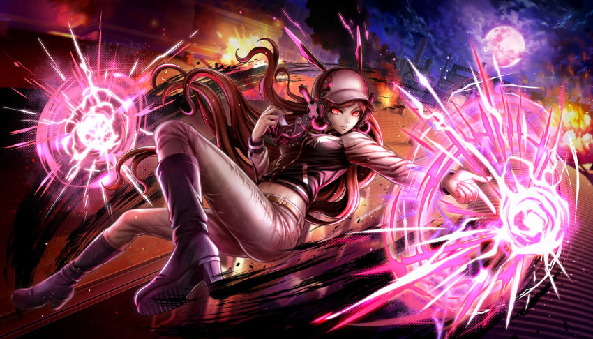 1girl, baseball_cap, belt, boots, brown_belt, brown_hair, cloud, cloudy_sky