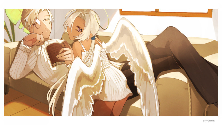 1boy, 1girl, angel_wings, avery_(degrees_of_lewdity), avery_(male)_(degrees_of_lewdity), black_pants, book, couch