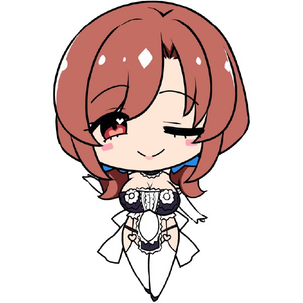 1girl, arms_at_sides, bad_id, bad_source, blue_ribbon, blush, breasts, chibi, chibi_only, cleavage, closed_mouth, derauea, elbow_gloves, garter_straps, gloves, heart, heart_in_eye, large_breasts, looking_at_viewer, low_twintails, maid, medium_hair, motto!_haramase!_(series), motto!_haramase!_honoo_no_oppai_isekai_oppai_maid_gakuen!, myoudou_maasa, official_art, one_eye_closed, red_eyes, red_hair, ribbon, smile, solo, symbol_in_eye, thighhighs, transparent_background, twintails, unconventional_maid, white_gloves, white_thighhighs