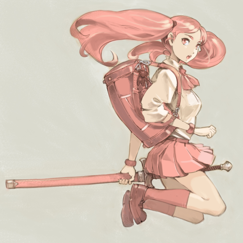 1girl, bag, duffel_bag, female_focus, kneehighs, matching_hair/eyes, original, pink_eyes