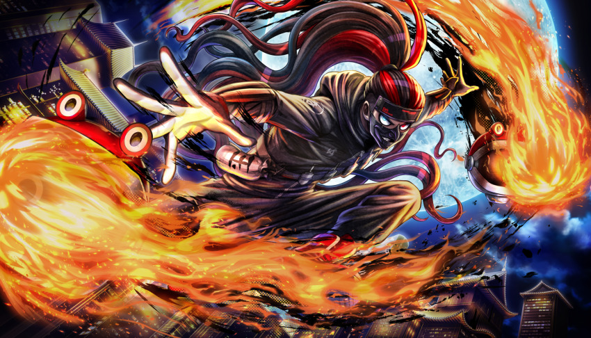 1boy, akiba_ichinosuke, black_hair, blue_eyes, fire, forehead_protector, full_moon, grin