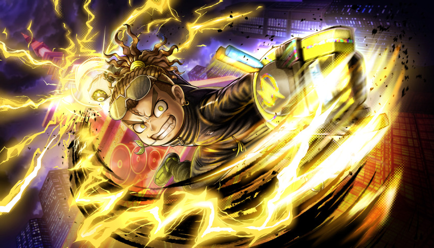 1boy, ball, brown_hair, earrings, electricity, fang, green_shoes, grin