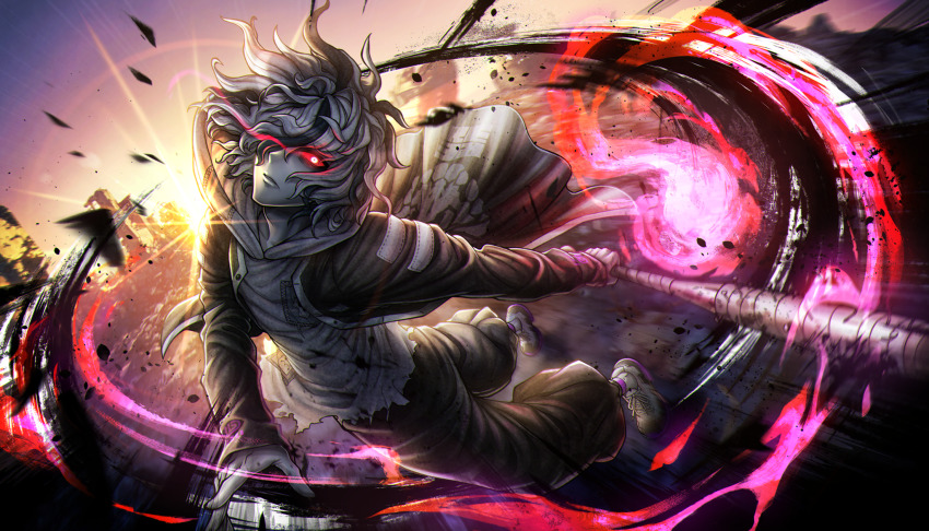 1boy, baseball_bat, black_jacket, black_pants, clenched_teeth, colored_sclera, glowing, glowing_eye