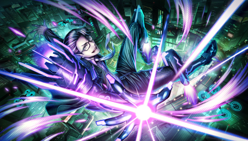 1boy, :d, belt, black_hair, collared_shirt, flying, formal_clothes, glasses