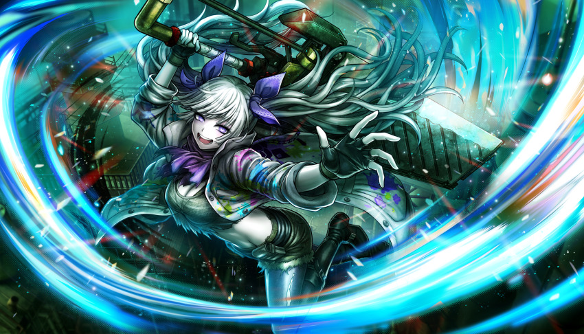 1girl, :d, black_gloves, blunt_bangs, boots, crop_top, cropped_jacket, denim