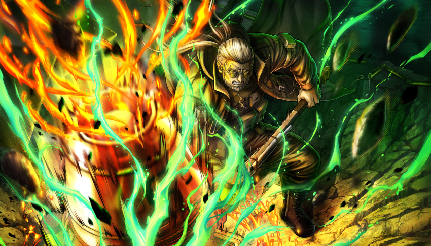 1boy, beard, boots, clenched_teeth, coat, facial_hair, glasses, grey_hair