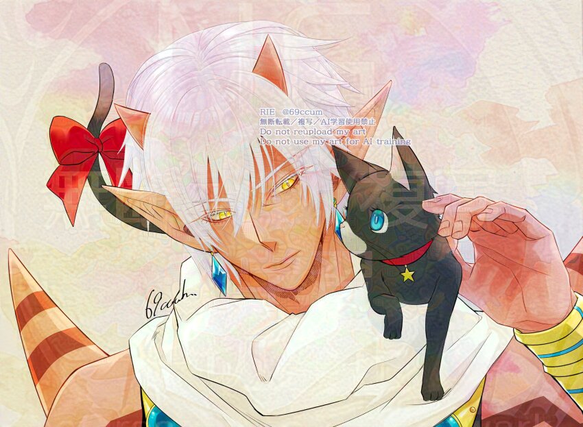 1boy, 1girl, 69ccum, adversarial_noise, alternate_form, animal, animal_on_shoulder, aqua_eyes, artist_name, black_fur, blue_gem, body_markings, bow, bracer, bright_pupils, cat, closed_mouth, collar, colored_eyelashes, colored_skin, commentary_request, dragon_quest, dragon_quest_x, earrings, gem, girugaran, gold_bracer, gradient_background, highres, horns, jewelry, looking_at_another, mereade, petting, pink_background, pointy_ears, red_bow, red_collar, red_horns, red_skin, scarf, short_hair, shoulder_spikes, spikes, star_(symbol), tail, tail_bow, tail_ornament, twitter_username, upper_body, white_fur, white_hair, white_pupils, white_scarf, yellow_background, yellow_eyes