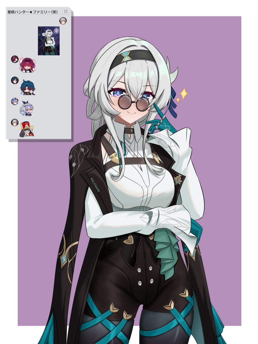 1girl, absurdres, aqua_gloves, black_hairband, black_jacket, blade_(honkai:_star_rail), breasts, caelus_(honkai:_star_rail), closed_mouth, commentary_request, cosplay, cowboy_shot, firefly_(honkai:_star_rail), glasses, gloves, gradient_eyes, green_pupils, grey_hair, hair_between_eyes, hair_intakes, hair_ornament, hair_ribbon, hairband, hand_up, high-waist_shorts, highres, honkai:_star_rail, honkai_(series), jacket, kafka_(honkai:_star_rail), kafka_(honkai:_star_rail)_(cosplay), klashikari, large_breasts, long_sleeves, looking_at_viewer, multicolored_eyes, open_clothes, open_jacket, pantyhose, pince-nez, pom-pom_(honkai:_star_rail), purple_background, ribbon, round_eyewear, shirt, shorts, silver_wolf_(honkai:_star_rail), simple_background, smile, solo, sparkle, stelle_(honkai:_star_rail), sunglasses, teeth, text_messaging, trailblazer_(honkai:_star_rail), two-tone_eyes, white_shirt