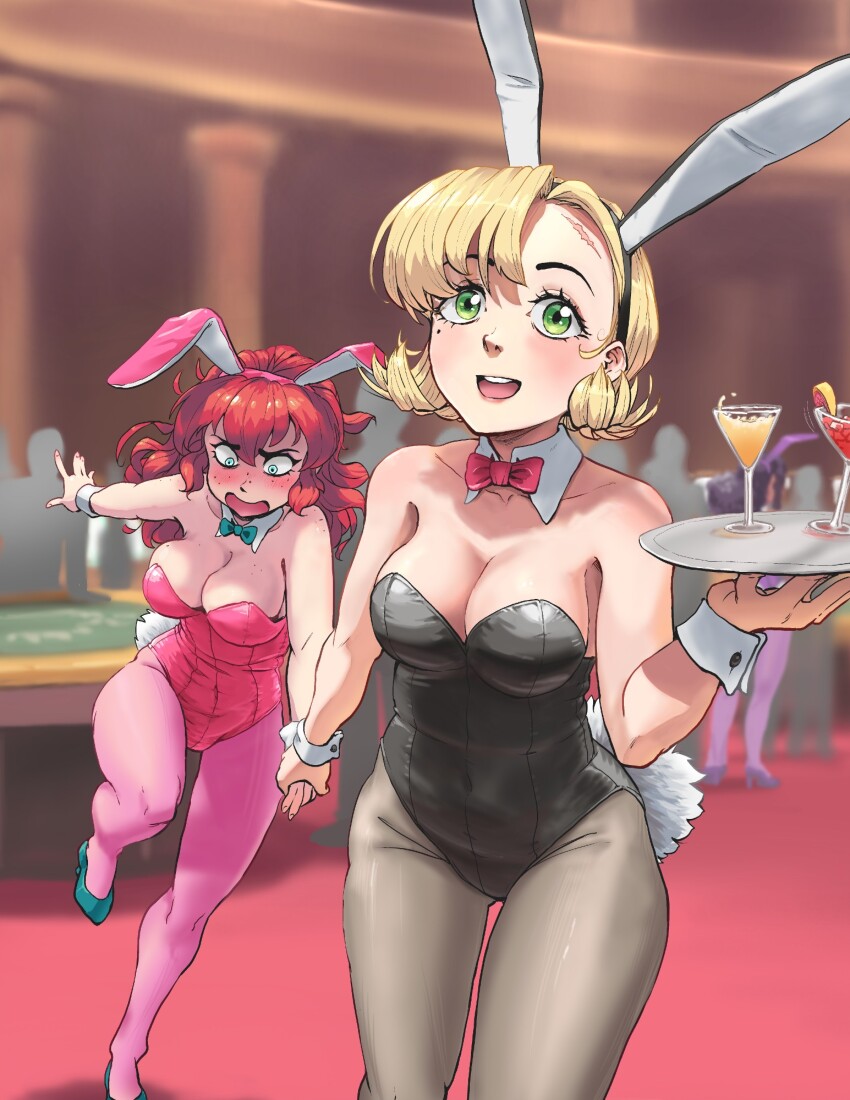 1futa, 2girls, animal_ears, aqua_bow, aqua_bowtie, aqua_shoes, black_leotard, black_pantyhose