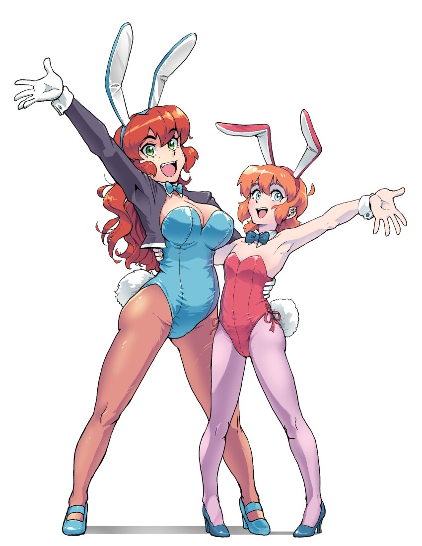 2girls, animal_ears, aqua_bow, aqua_bowtie, aqua_leotard, aqua_shoes, armpits, bloom