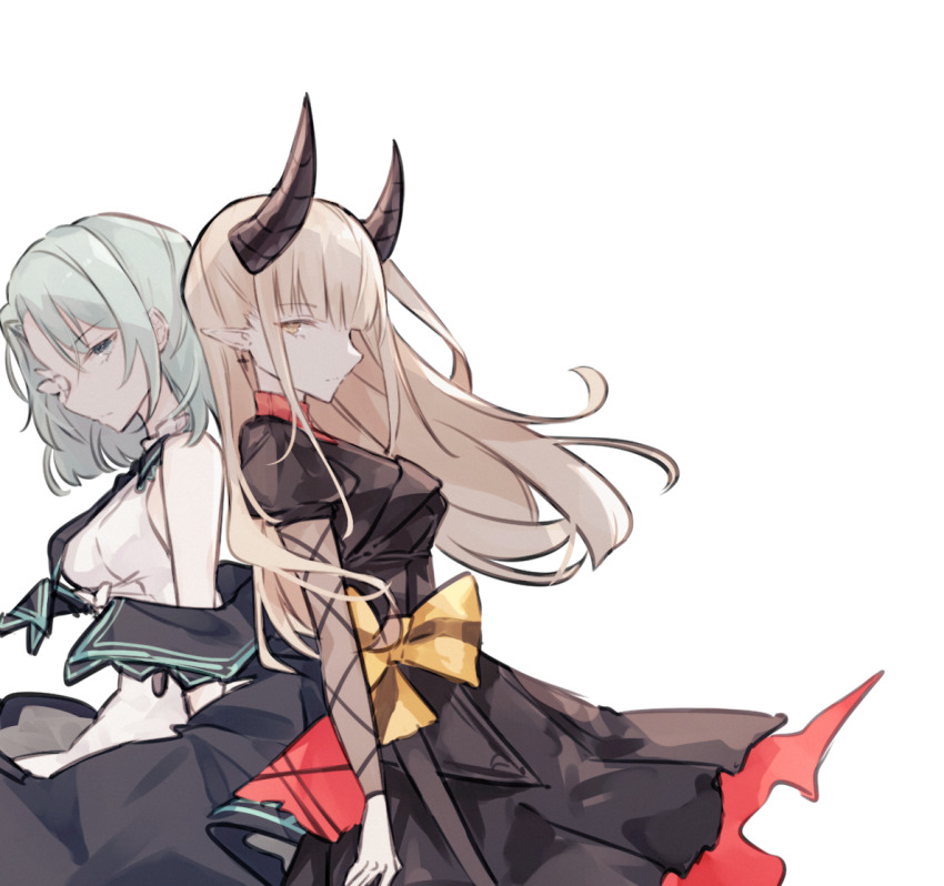 2girls, arcaea, back-to-back, black_cape, black_horns, black_kimono, black_necktie, black_skirt, blonde_hair, bow, breasts, cape, closed_mouth, commentary, cowboy_shot, dress, expressionless, flower, flower_over_eye, green_eyes, green_hair, horns, japanese_clothes, kimono, large_breasts, layered_sleeves, lethe_(arcaea), long_hair, long_sleeves, miyu_(miy_u1308), multiple_girls, necktie, puffy_sleeves, saya_(arcaea), see-through_clothes, see-through_sleeves, short_hair, short_over_long_sleeves, short_sleeves, simple_background, skirt, standing, white_background, white_dress, white_flower, yellow_bow